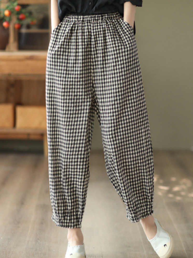 Elastic Waist Plaid Casual Harem Trousers Bottom Pants