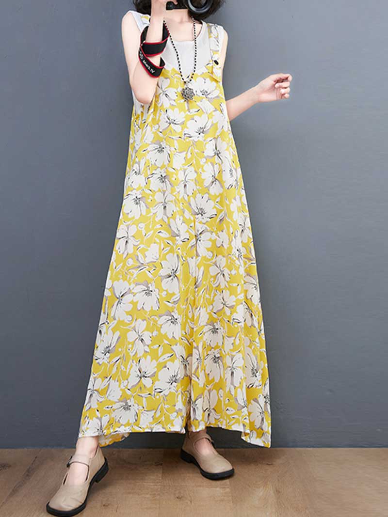 Floral Print Cotton Wide-Leg Overall Jumpsuit