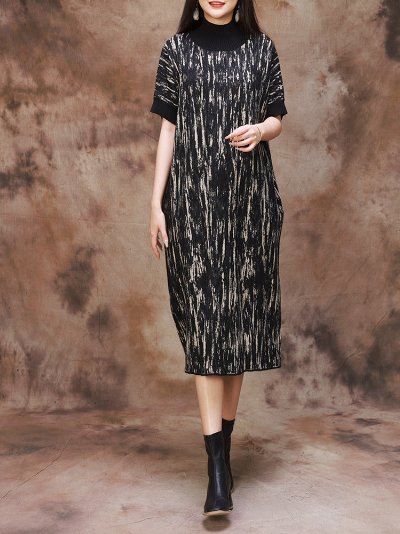 Fashionable Camouflage Half Collar Knitted Midi Dress