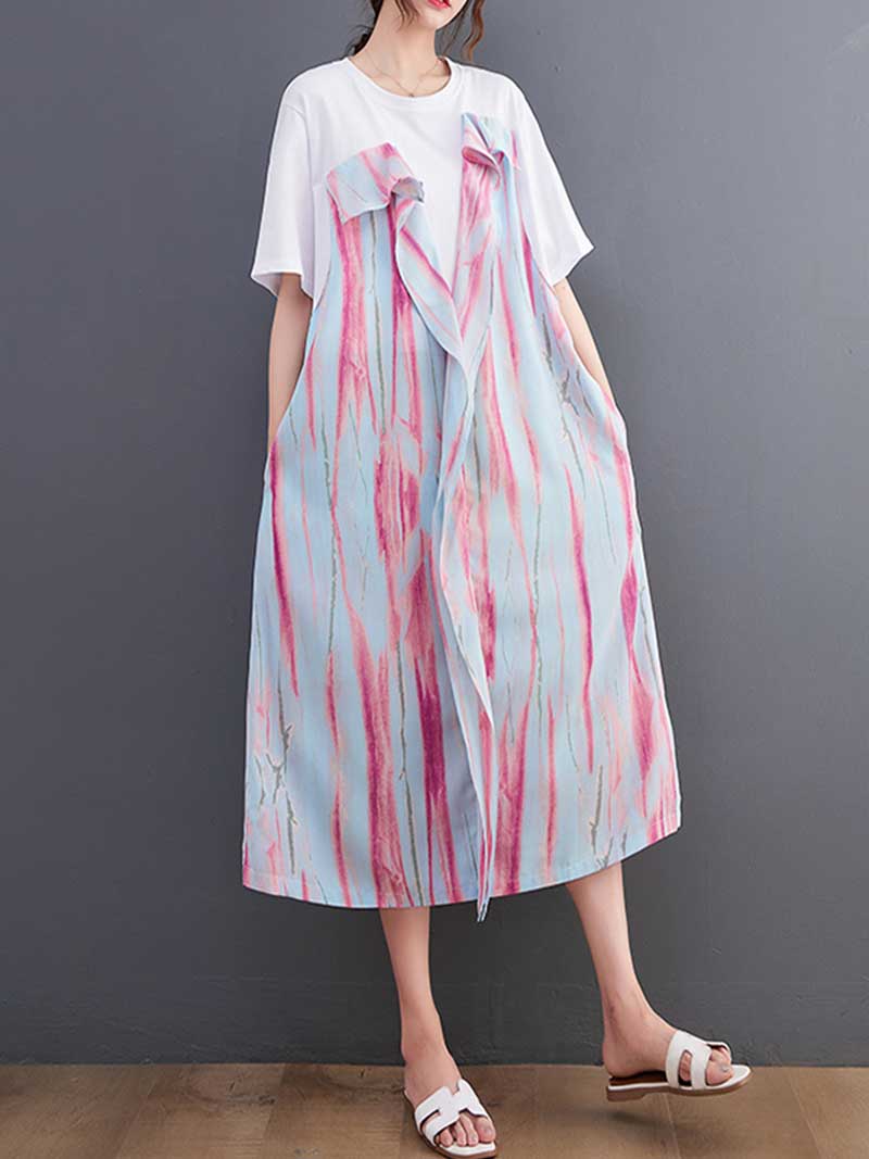 Cotton Tie-Dye Print Short Sleeves Midi Dress