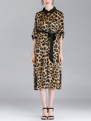 Ivy Vintage Contrasting Lapel Neck Animal Print Buttoned Belted Midi Dress