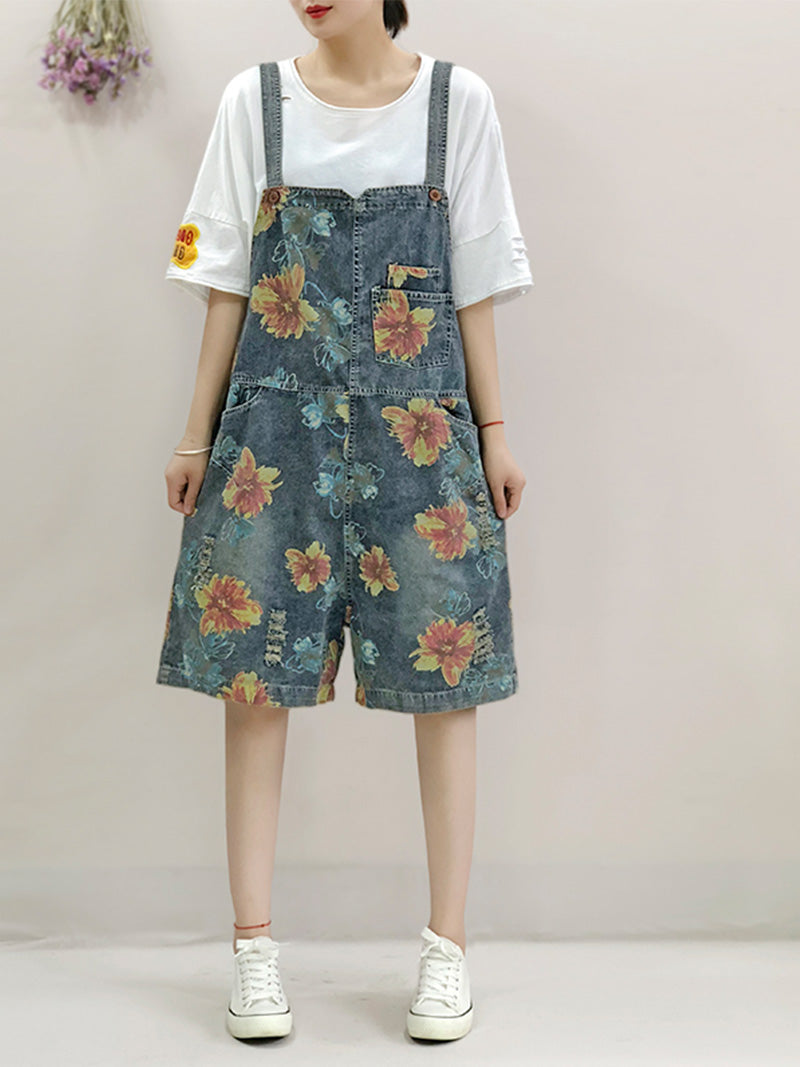 Special Place for You Floral Print Denim Romper Overall Dungarees