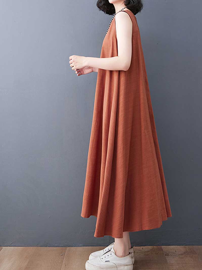 Plain Cotton Round Neck Sleeveless Midi Dress