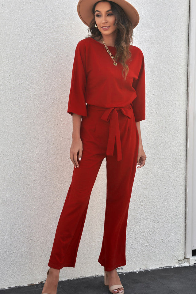 Belted Three-Quarter Sleeve Jumpsuit