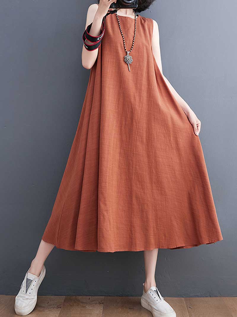 Plain Cotton Round Neck Sleeveless Midi Dress