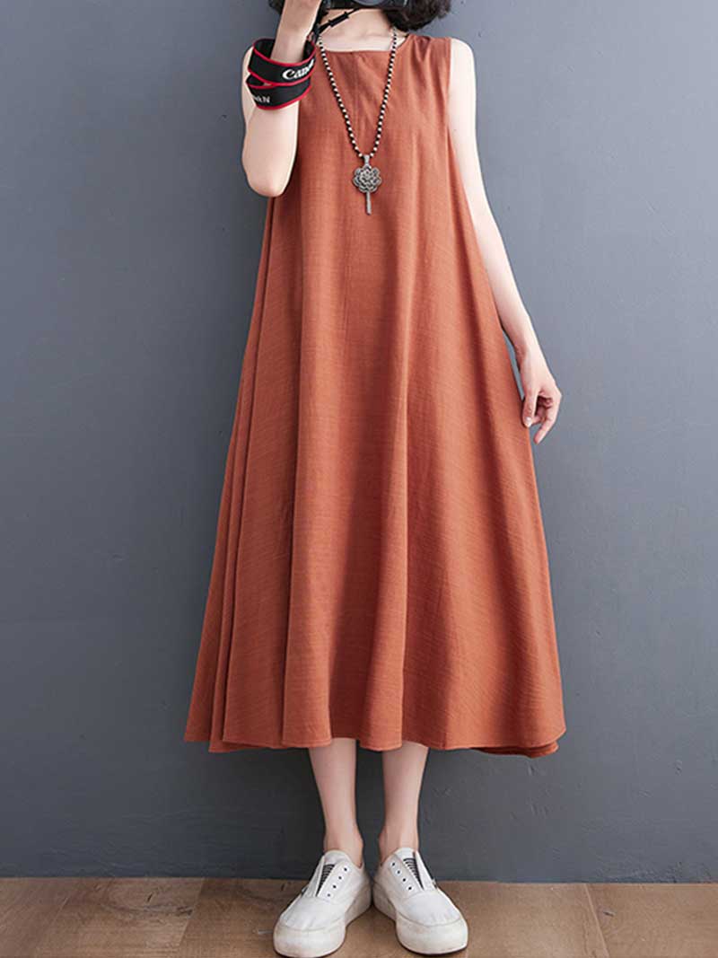 Plain Cotton Round Neck Sleeveless Midi Dress