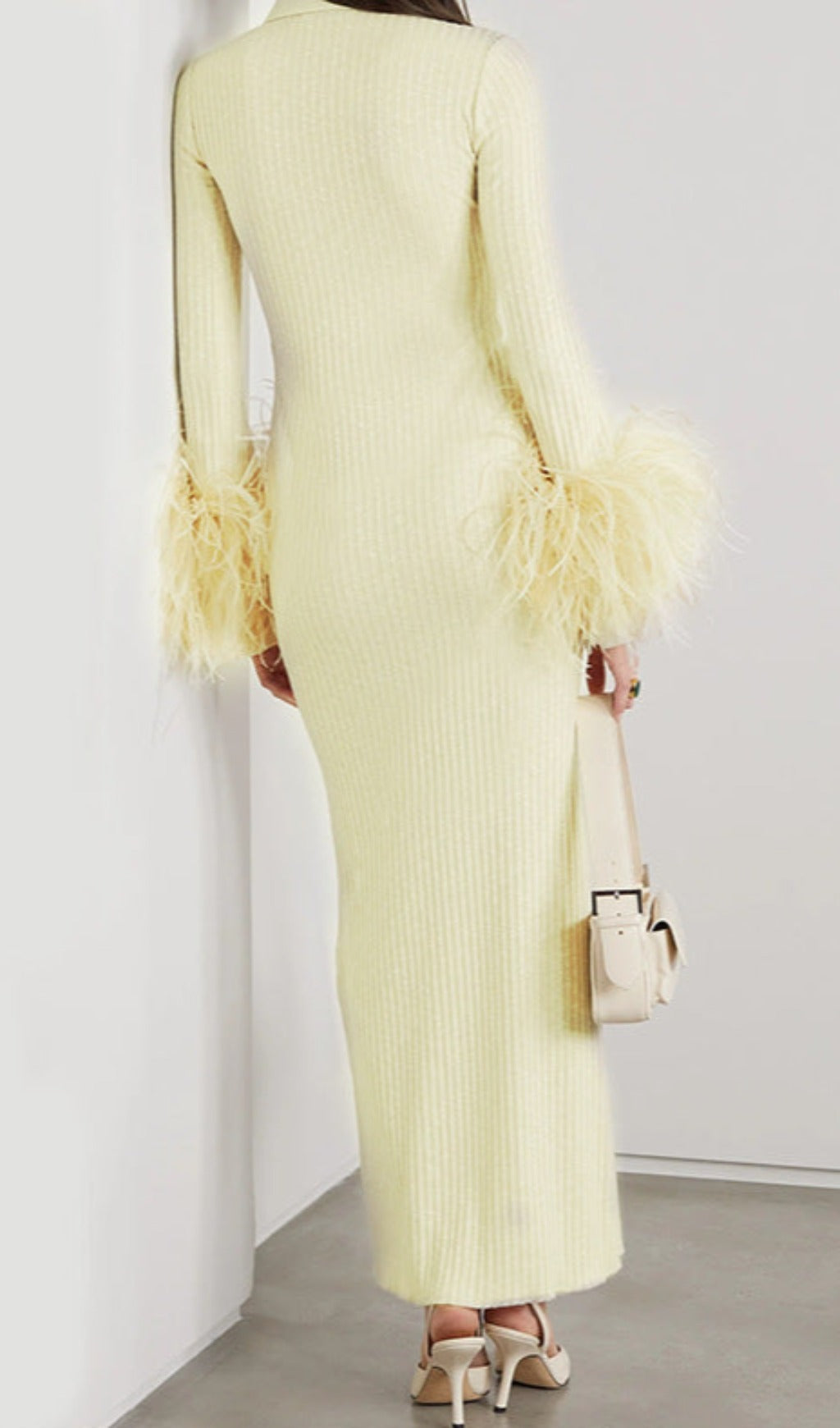 Yellow Long Sleeve STAnd COLLAR Feather Maxi Dress