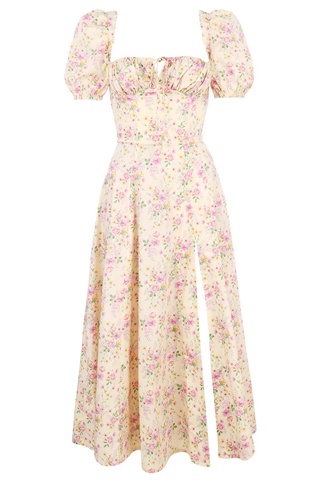 Floral Puff Sleeve Boho Midi Dress