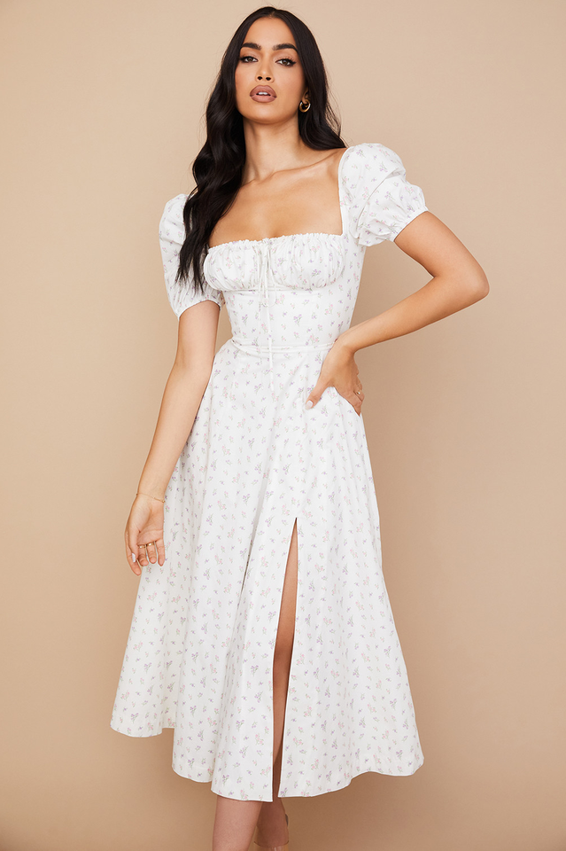 Floral Puff Sleeve Boho Midi Dress