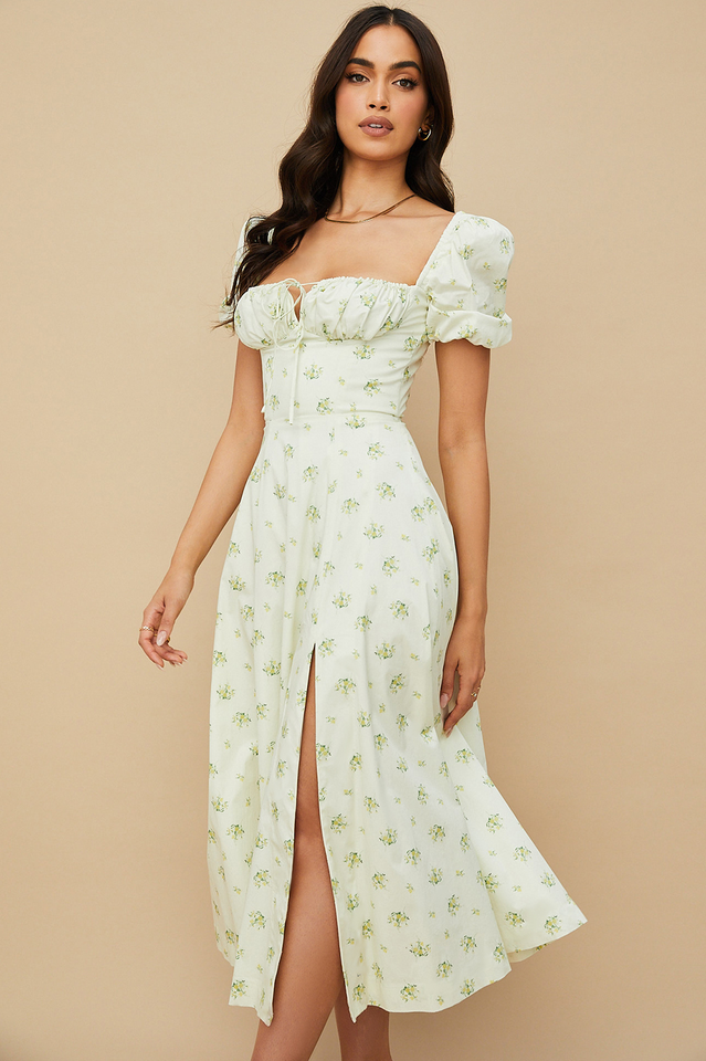 Floral Puff Sleeve Boho Midi Dress