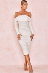 Ruched Off Shoulder Midi Dress