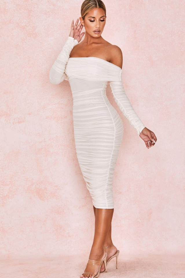 Ruched Off Shoulder Midi Dress