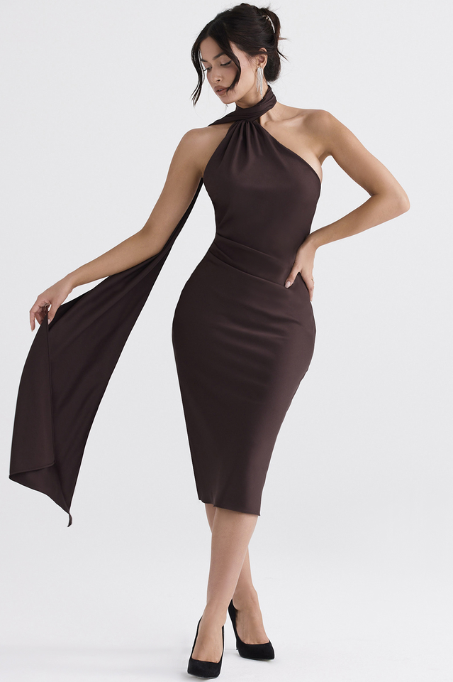 Chocolate Wrap Neck Midi Dress