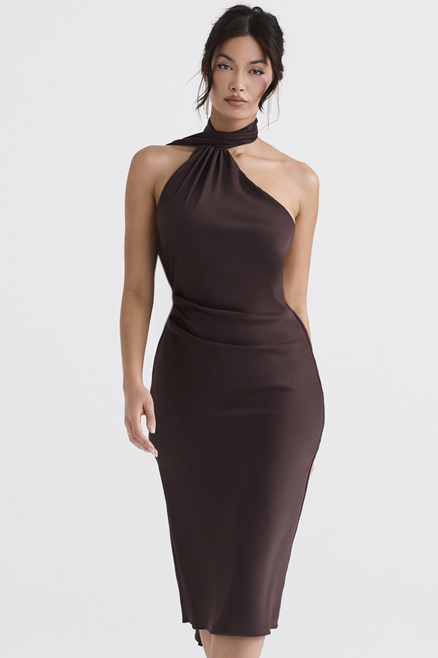 Chocolate Wrap Neck Midi Dress