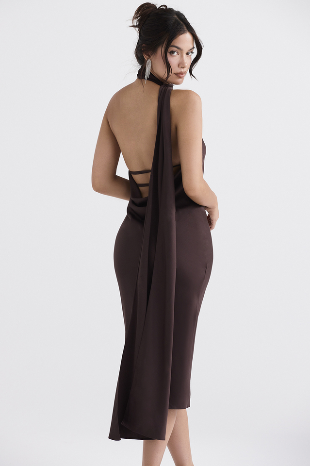 Chocolate Wrap Neck Midi Dress