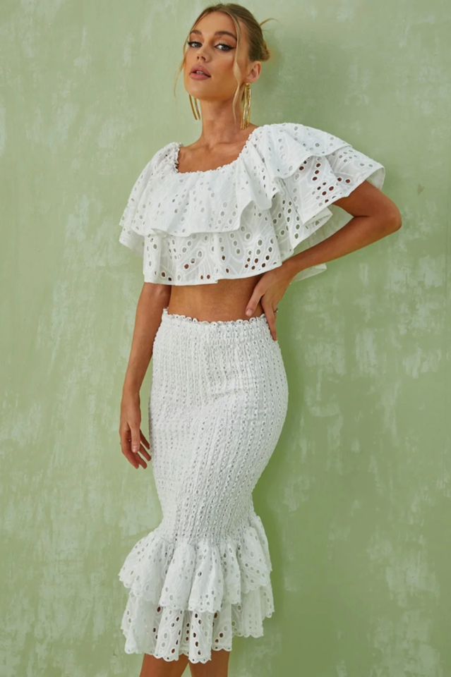 Embroidery Ruffle Blouse + Skirt Set