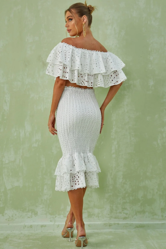 Embroidery Ruffle Blouse + Skirt Set