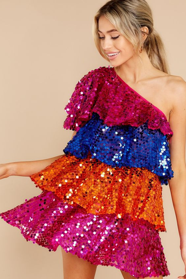 Sparkly Sequined One Shoulder Mini Dress