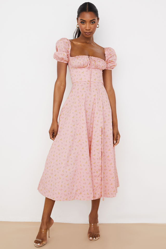 Pink Printed Puff Sleeve Midi Dress