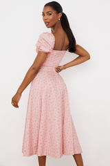 Pink Printed Puff Sleeve Midi Dress