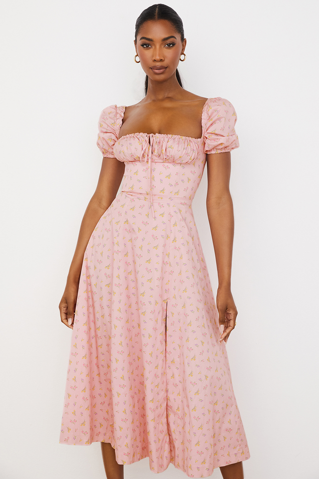 Pink Printed Puff Sleeve Midi Dress