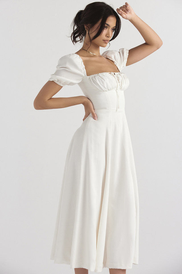 Tallulah White Puff Sleeve Midi Dress