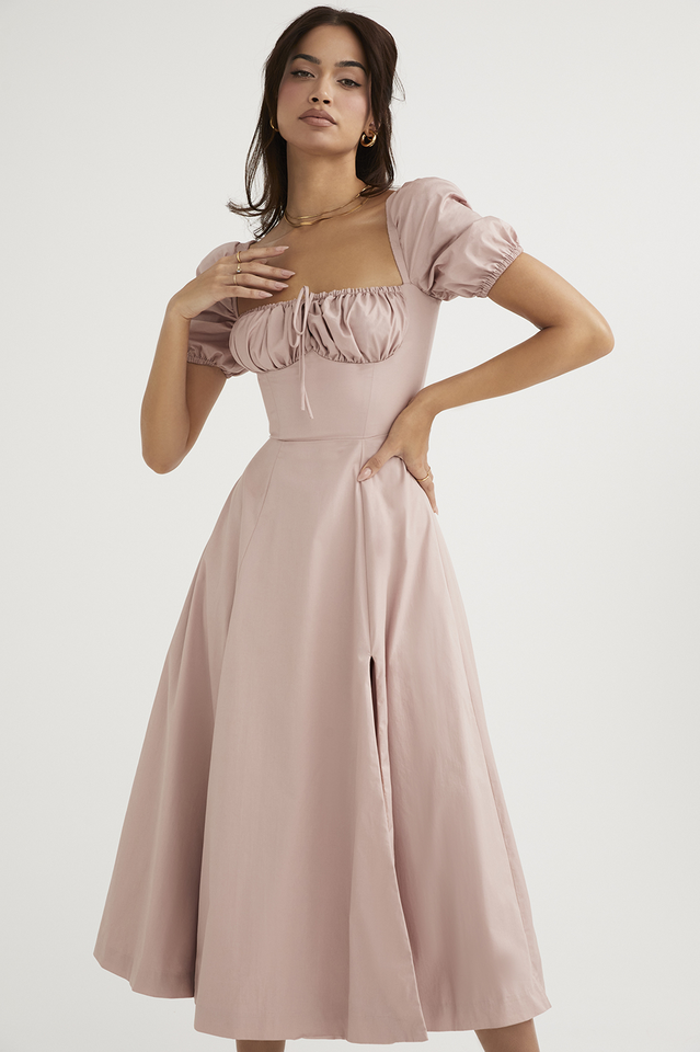 Rouge Pink Puff Sleeve Midi Dress