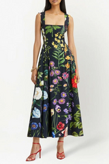 Printed Tie-Back Cotton-Blend Midi Dress