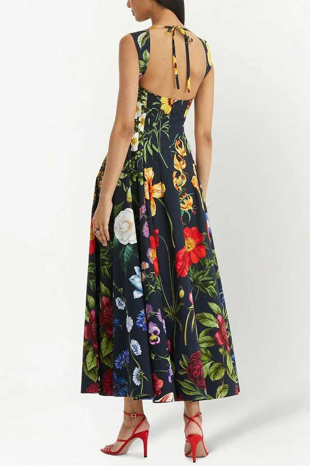 Printed Tie-Back Cotton-Blend Midi Dress