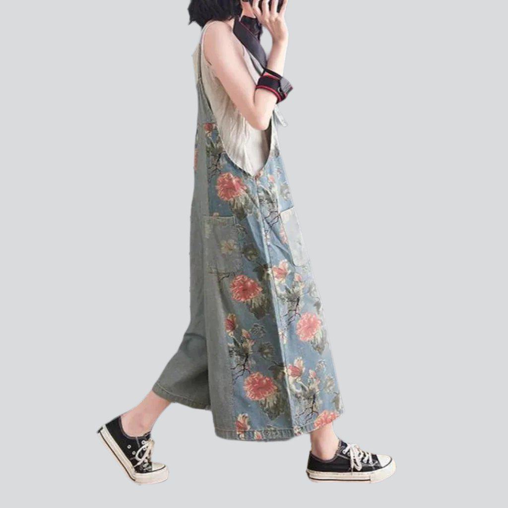 Wide-leg flowery women's denim jumpsuit