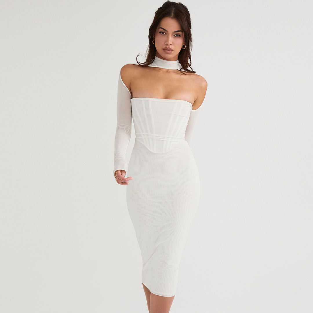 Cut Out Long Sleeve Mesh Bodycon Cocktail Midi Dress - White