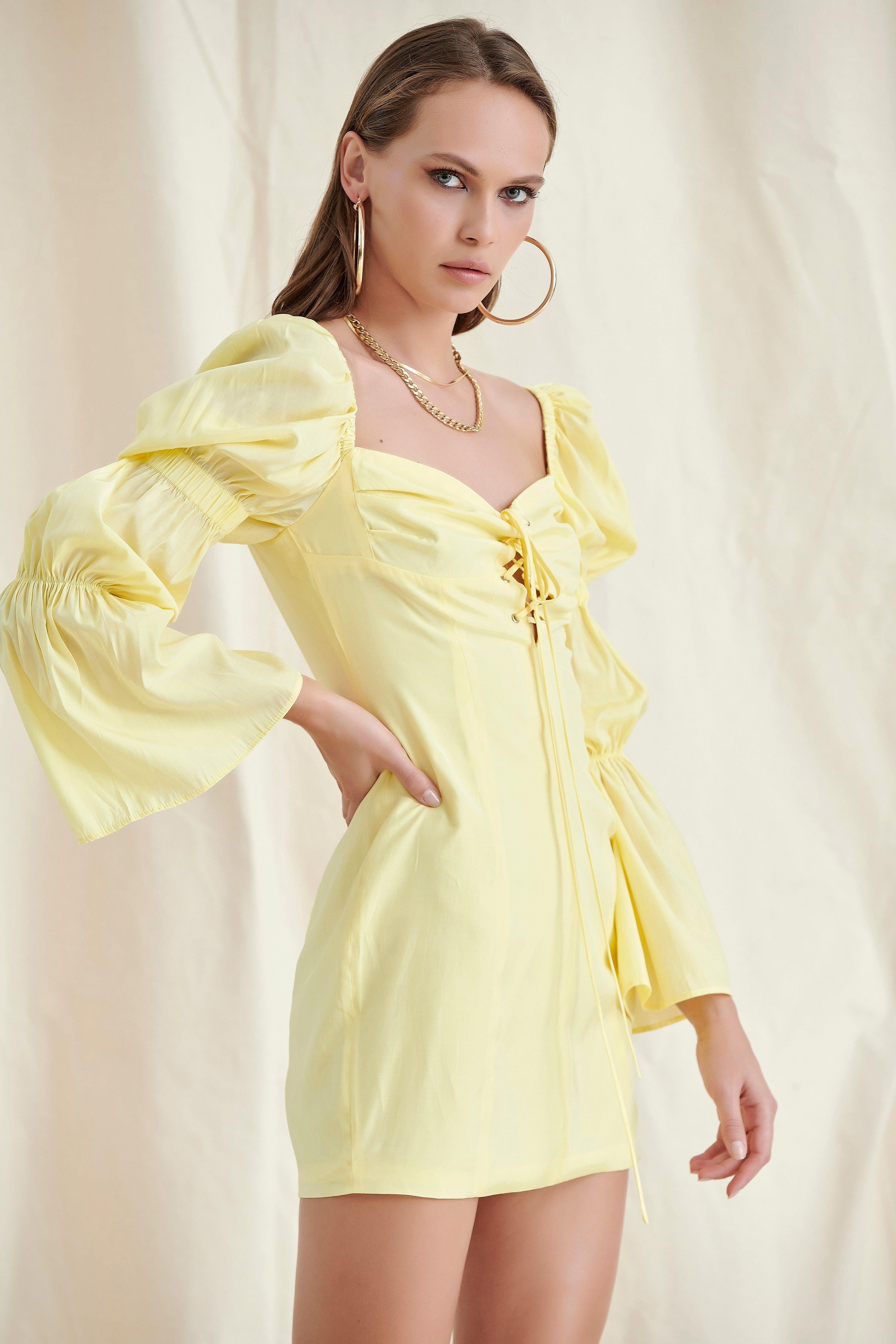 Yellow Lace UP Puff Sleeve Mini Dress