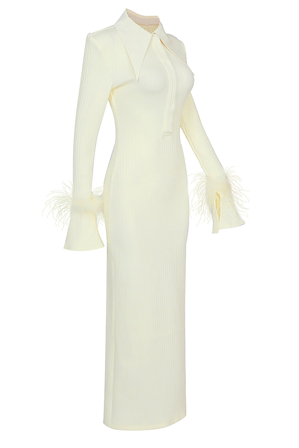 Yellow Long Sleeve STAnd COLLAR Feather Maxi Dress