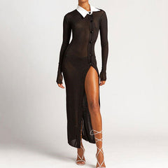 Asymmetric Contrast Button Up High Split Sheer Ribbed Knit Maxi Dress - Black