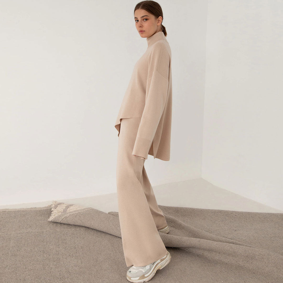 Asymmetric High Neck Bell Sleeve Sweater Wide Leg Pants Matching Set - Apricot