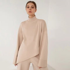 Asymmetric High Neck Bell Sleeve Sweater Wide Leg Pants Matching Set - Apricot