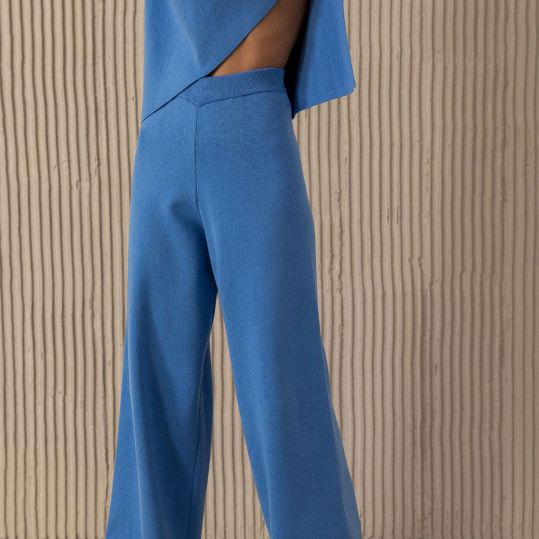 Asymmetric High Neck Bell Sleeve Sweater Wide Leg Pants Matching Set - Royal Blue