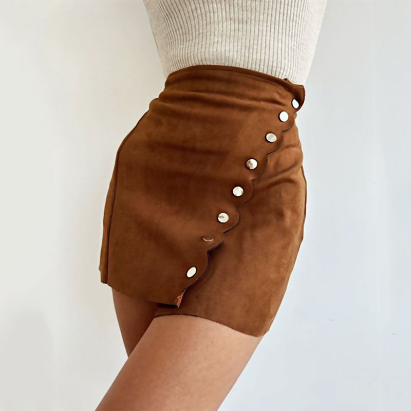 Asymmetric High Waist Scalloped Button Up Faux Suede Wrap Mini Skirt - Brown