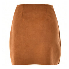 Asymmetric High Waist Scalloped Button Up Faux Suede Wrap Mini Skirt - Brown