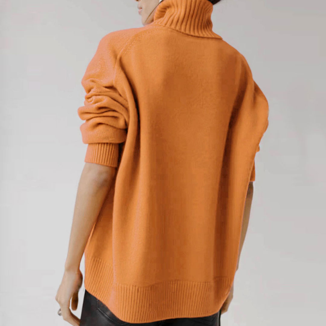 Asymmetric Rib Trim Turtleneck Long Sleeve Oversized Pullover Sweater - Orange