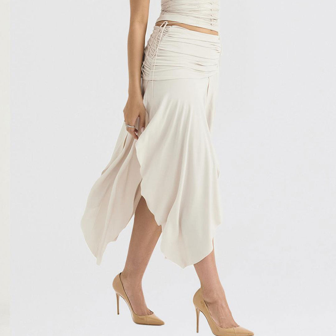 Asymmetric Satin Ruched Side Zipper Drop Waist Midi Skirt - Beige