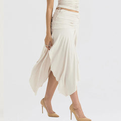 Asymmetric Satin Ruched Side Zipper Drop Waist Midi Skirt - Beige