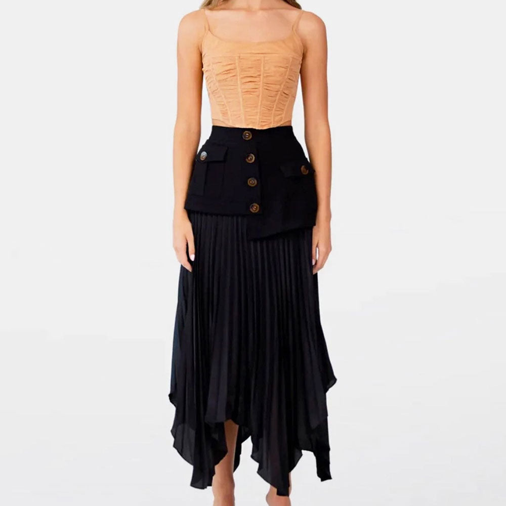 Asymmetrical Chiffon High Waist Panel Trim Button Up Pleated Midi Skirt - Black