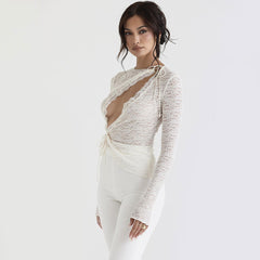 Asymmetrical Sheer Cutout Tie Front Long Sleeve Lace Top - White