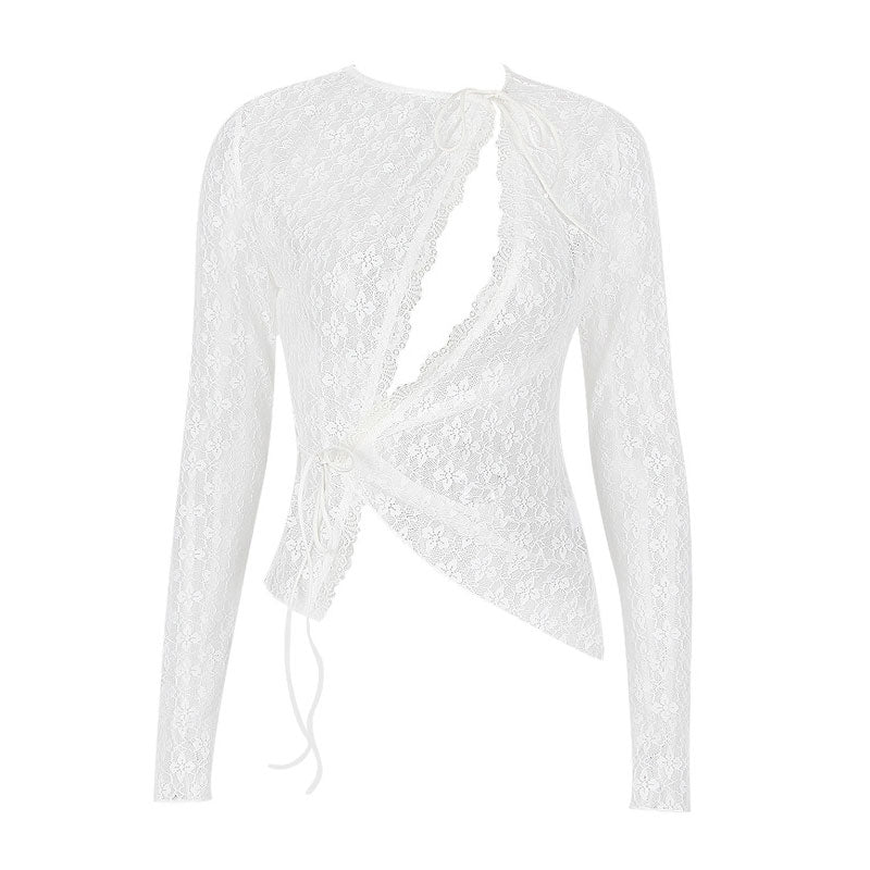 Asymmetrical Sheer Cutout Tie Front Long Sleeve Lace Top - White