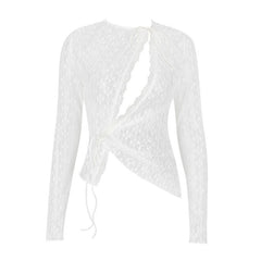 Asymmetrical Sheer Cutout Tie Front Long Sleeve Lace Top - White