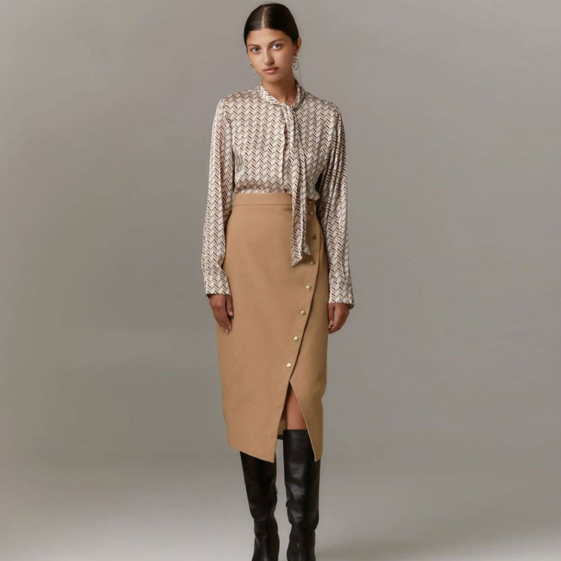 Asymmetrical Split Front Button Down High Waist Wrap Midi Skirt - Khaki