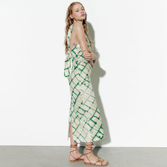 Asymmetrical Tie Dye Checkered Print One Shoulder Midi Dress - Green