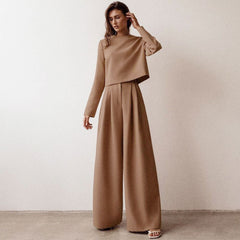 Athflow Long Sleeve Crop Top Wide Leg Pant Matching Set - Coffee