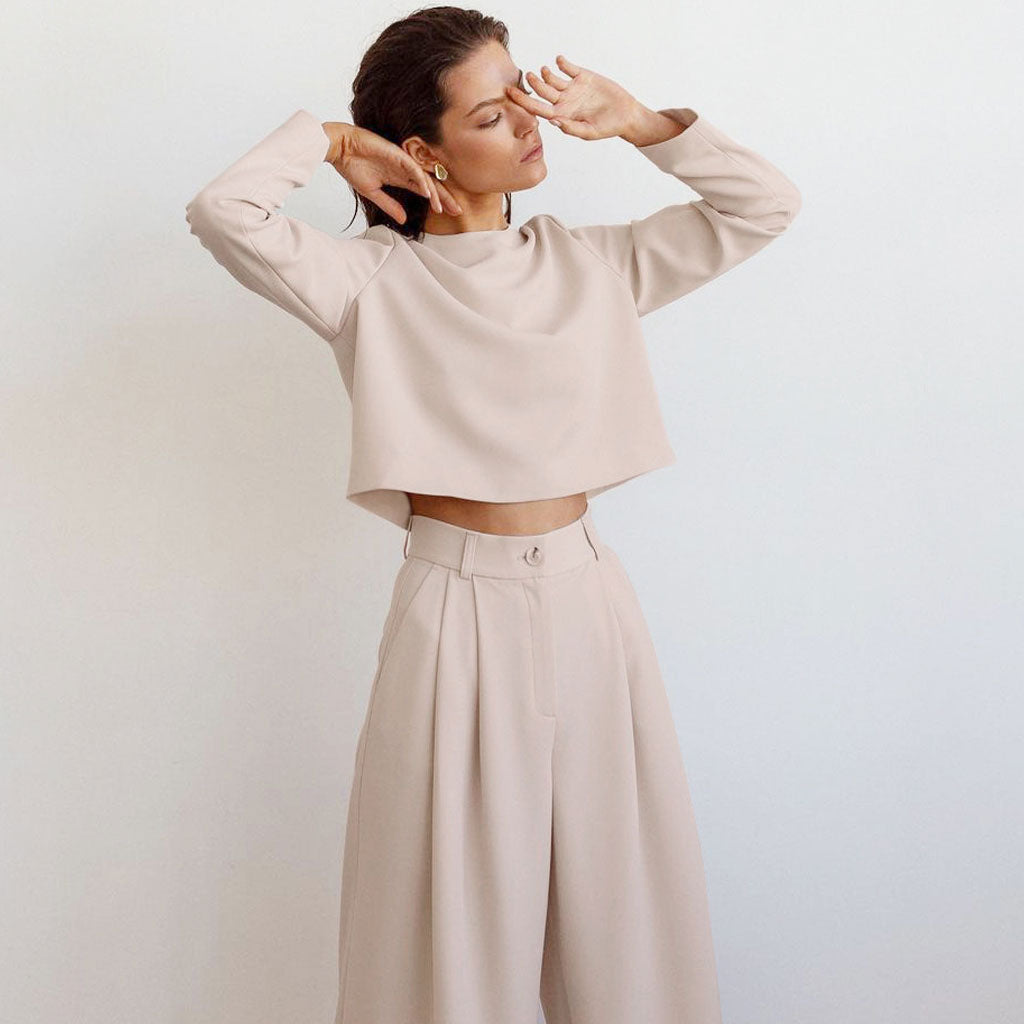 Athflow Long Sleeve Crop Top Wide Leg Pant Matching Set - Khaki